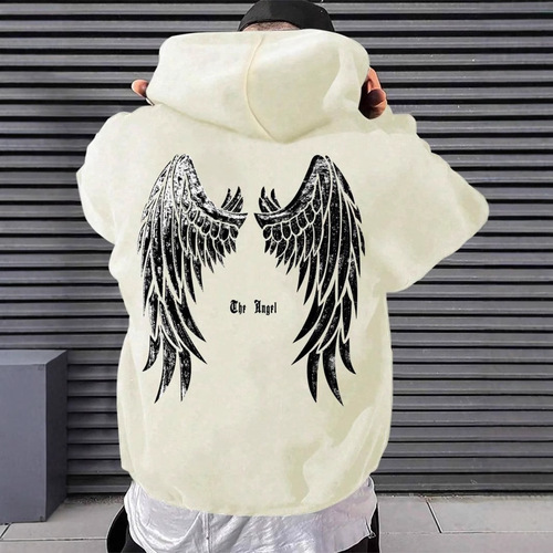 Angel's Wings Printing Male Hoody O-Neck All Match Loose Swe