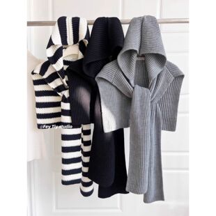 Design Sense Striped Knitted Hooded Shawl Women's Autumn and Winter Warm Scarf Hat One-piece Waistcoat Neck Protection Scarf