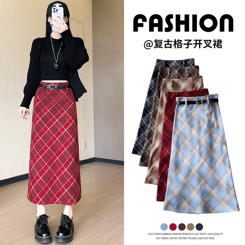 Woollen A-line maxi skirt, autumn-winter retro 2026 new style women's versatile high-waist slimming gingham semi-skirt