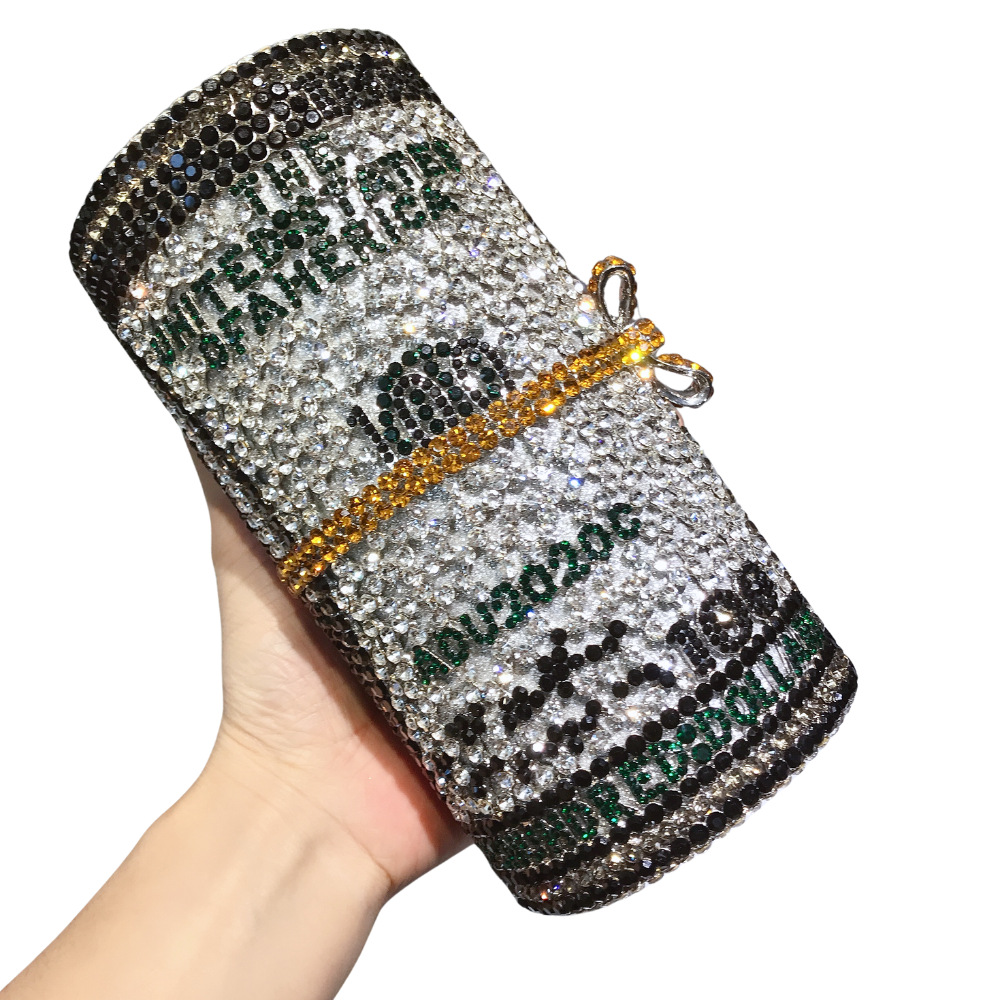 Nuevo rollo de bolsas de cristal de dólar bolsas de mano de banquete de diamantes cilíndricas bolsas de cena de metal