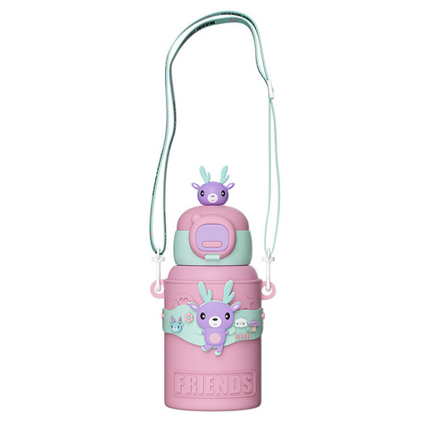 New Arrival 316 Stainless Steel Food-Grade Water Bottle: Cute Cartoon Design, High-Quality Appearance, Portable with Adjustable Strap and Built-in Straw—Perfect for Kids!