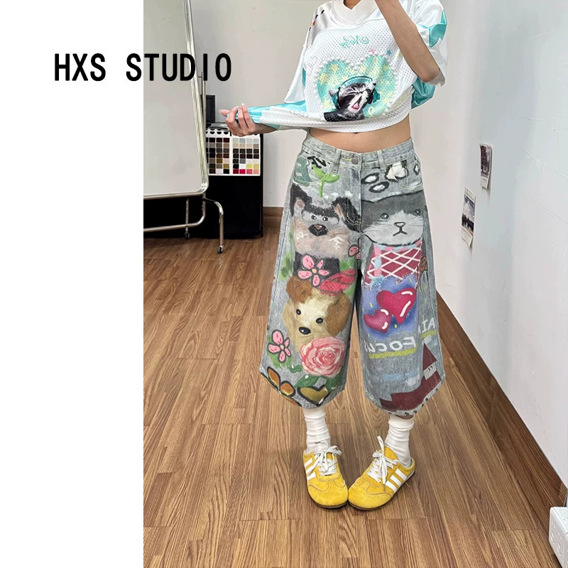 American Sweet-Cool Style Graffiti Print Distressed Cropped Jeans for Women, Plus Size, New Summer Style, Loose Wide-Leg Pants for Hot Girls