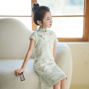 Green Girl's Cheongsam Summer Thin Fresh Chinese Style Dress Little Girl Catwalk Guzheng Performance Clothing Daily