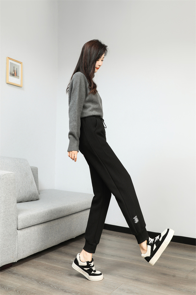 法米姿 羊羔绒运动加绒裤女新款加厚卫裤高腰显瘦束脚休闲裤哈伦