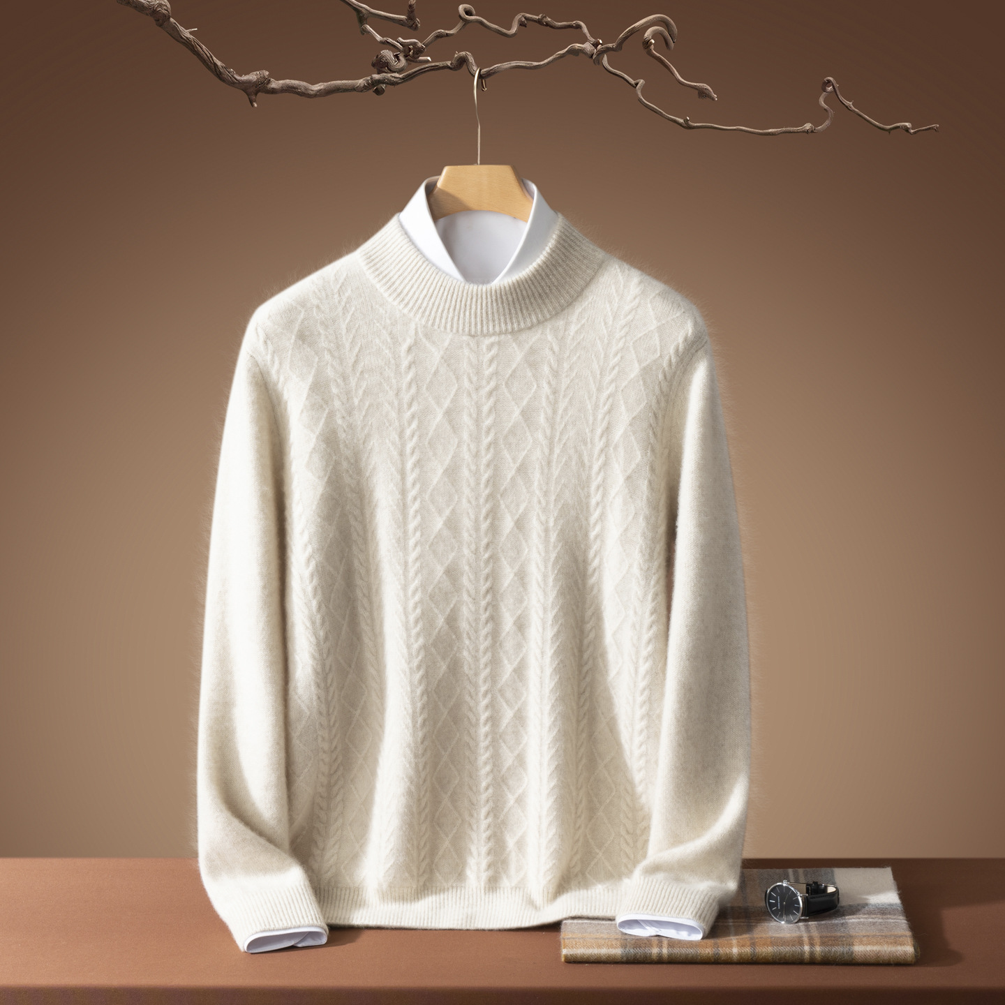 New thickened 100% cashmere sweater for men, featuring a half-high collar, a loose fit, and a solid color design, perfect as a base layer for autumn and winter