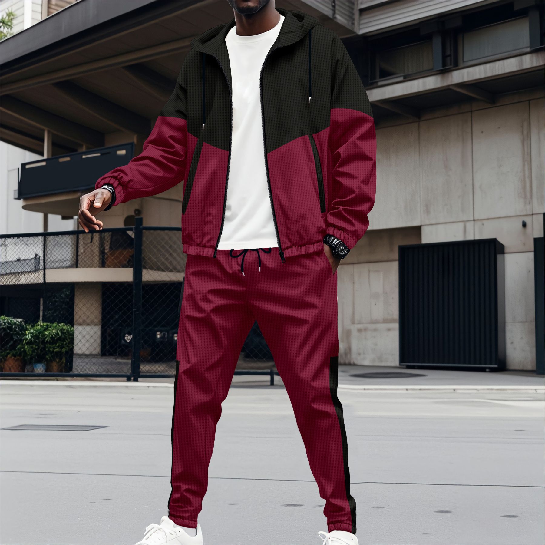 Herren-Trainingsjacke mit Kapuze, Reißverschluss, zwei Taschen, Patchwork-Design, Farbblock-Design, normale Passform, Kurzarm, elegant, aus Polyester_voghion.com