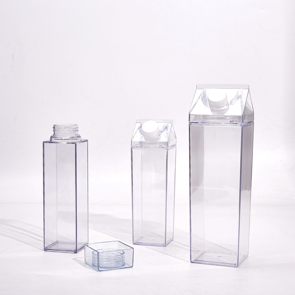 Taza de Leche de Plástico PS Transparente 1000ml, Cuadrada, para Bebidas Frías y Calientes