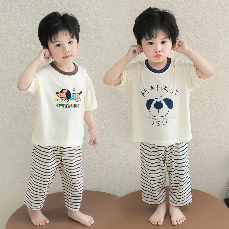 Boys' Pajamas Summer Thin Ice Silk Modal Air-conditioning Clothing for Boys Baby's Striped Pants suit Children's Home Clothes