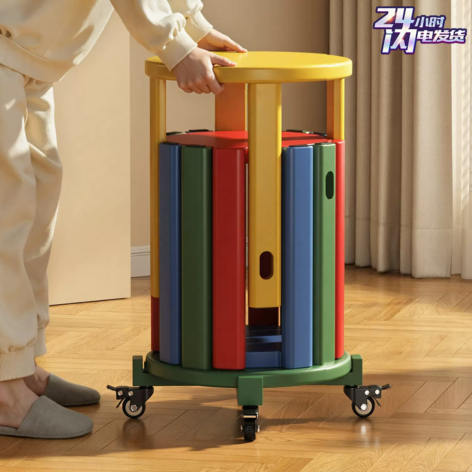 实木凳子家用可叠放新型客厅多巴胺创意圆凳叠叠凳彩色纳备用凳