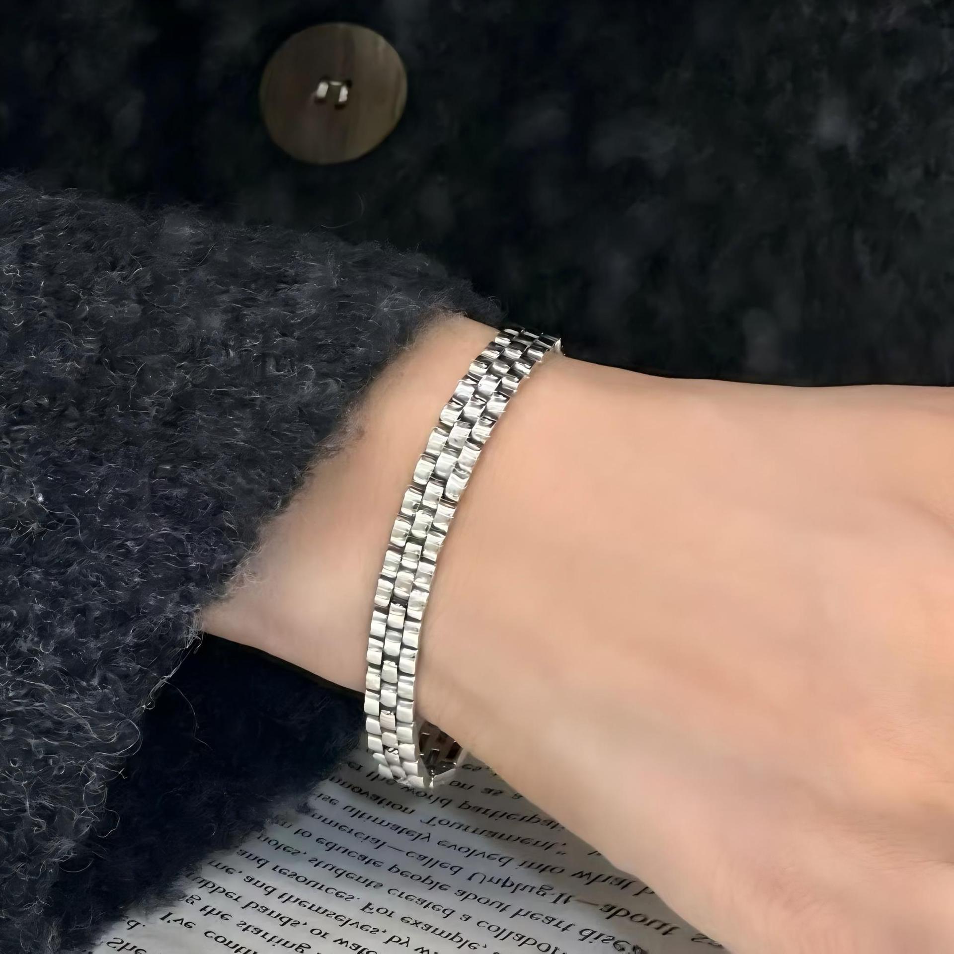 S925 Sterling Silver Heavy-Duty Watch Strap Bracelet Simple Ins Niche Accessible Luxury High-End Men's and Women's Stylish Retro Versatile