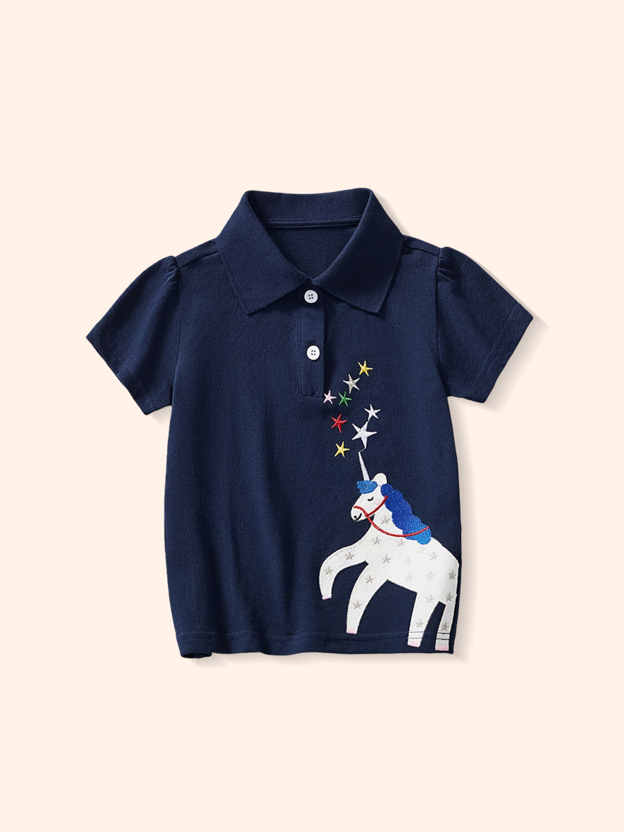 2025 verano nuevo Unicornio de dibujos animados para niños de manga corta polo camiseta de moda ropa de tendencia para niñas