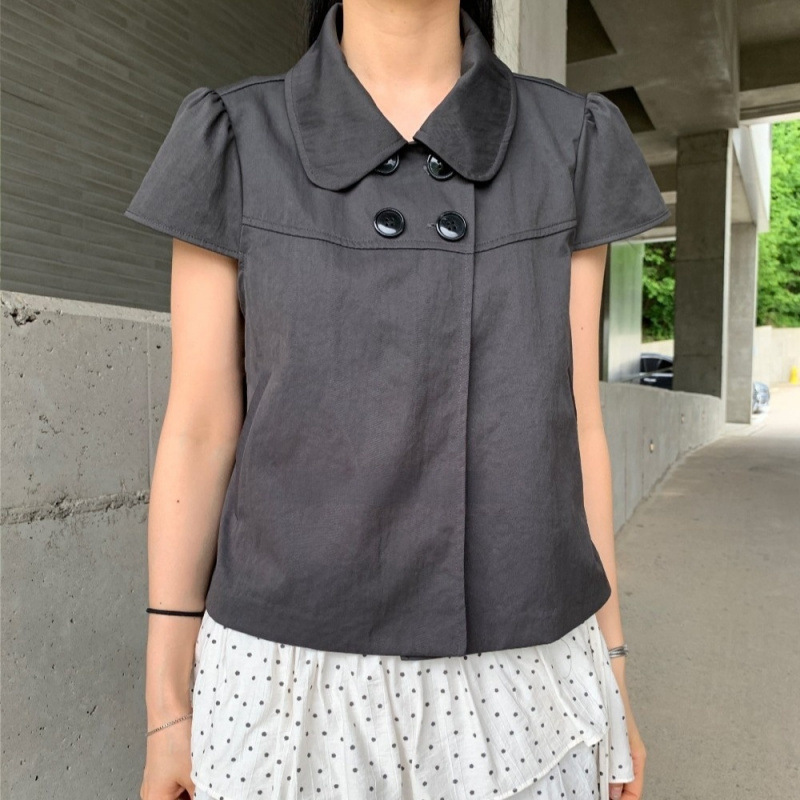 Blogger Style Japanese-Style Girly Four-Button Summer Retro Doll Collar Casual Short-Sleeve Shirt Top Blogger Style Japanese-Style Girly Four-Button Summer Retro Doll Collar Casual Short-Sleeve Shirt Top