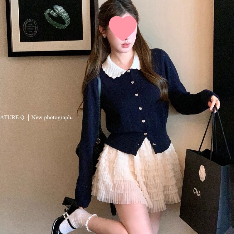 Navy Blue Contrasting Color Doll Collar Knitted Cardigan for Women Spring, Autumn and Winter Inner Wear 2025 New Petal Design Long-Sleeved Top