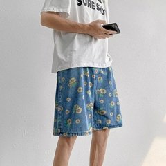 Summer elastic waist denim shorts men's trendy brand loose five fashion trend casual printed straight leg trousers