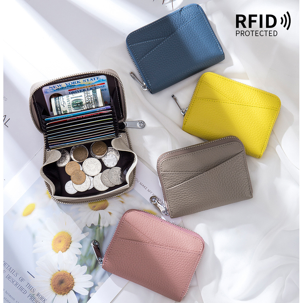 Genuine leather Japanese organ multi-card slot card holder RFID coin purse zipper card holder men's and women's coin bag large capacity