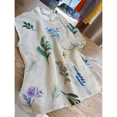 现货夏季文艺新中式棉麻印花清透感衬衫复古轻薄清冷感气质上衣女