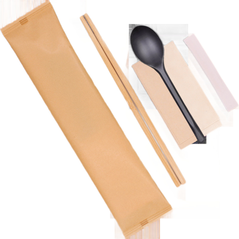 Paletas desechables de cuatro piezas, papel kraft de color sólido, paquete de cubiertos en blanco simple, palillos comerciales para llevar cuatro en uno