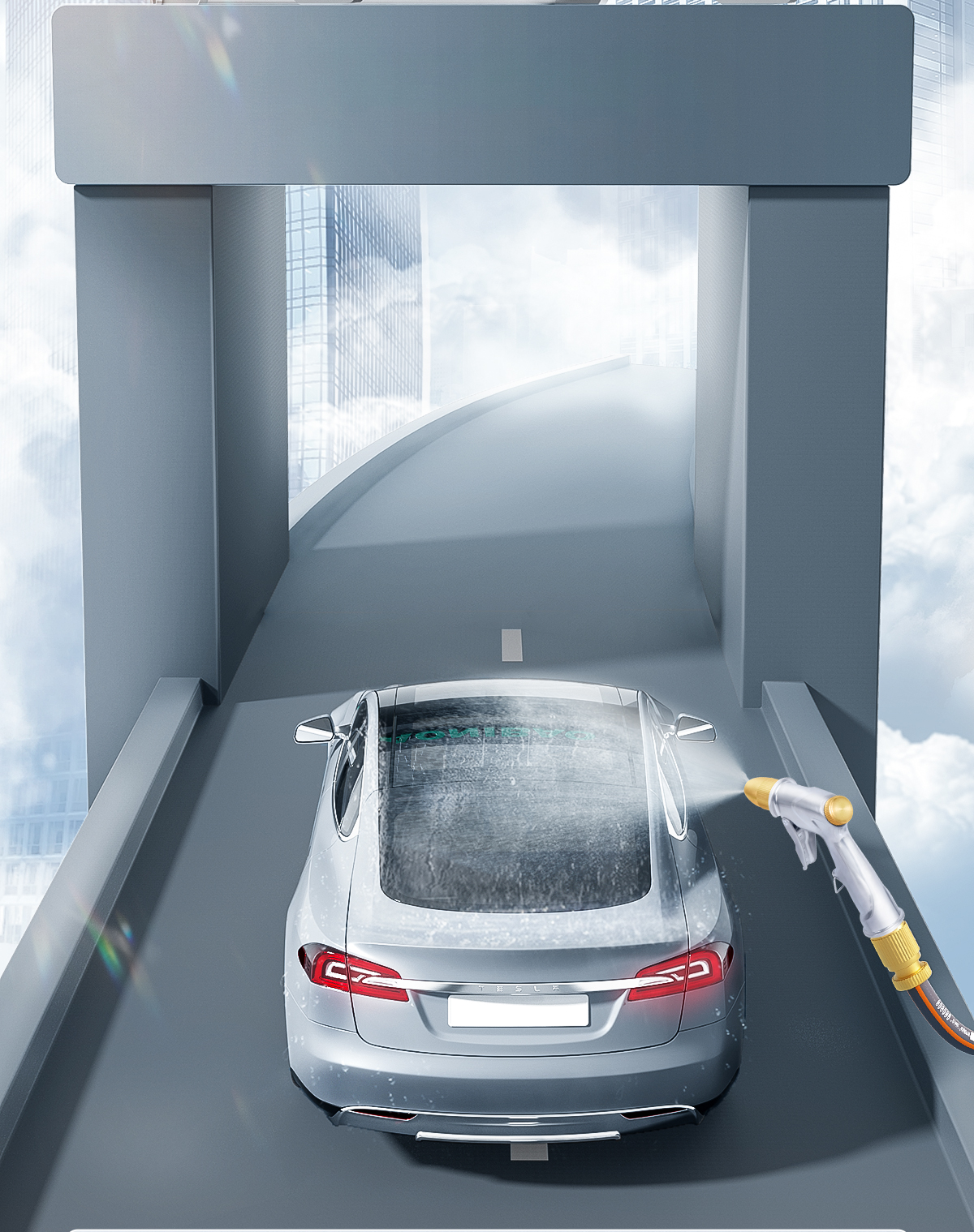 Metal high-pressure watering gun for washing cars and rinsing floors, hose for connecting to tap water, storage rack for home use