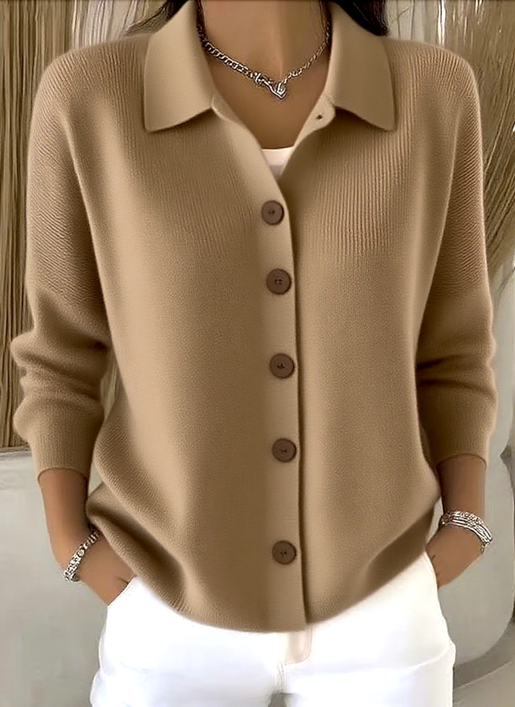 Knitted Button Cardigan For Women With Turn Down Collar Winter_voghion.com