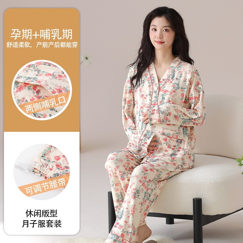 2025秋冬新款睡衣女士精梳棉月子服长袖套装带胸垫孕妈哺乳家居服|undefined