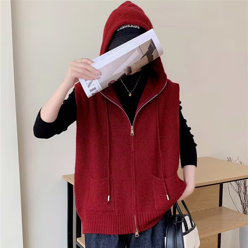 抽绳无袖连帽拉链口袋针织马甲女开衫秋冬新款宽松叠穿毛衣背心女|undefined
