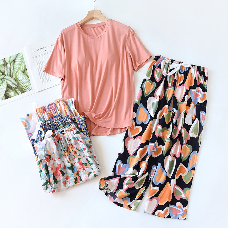 Modal chest pad short sleeve artificial cotton cropped wide-leg pants summer loose cool women's cotton silk cross-border home wear
