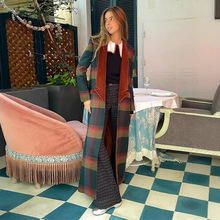 欧美外贸冬季新款跨境女装设计感长款过膝宽松格子毛呢外套