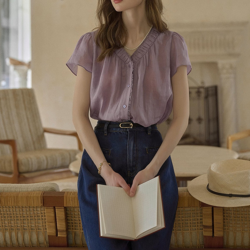 Taro Ramie V-Neck Custom-Dyed Purple Lazy French Shirt Retro Short-Sleeved Sun Protection Shirt Taro Ramie V-Neck Custom-Dyed Purple Lazy French Shirt Retro Short-Sleeved Sun Protection Shirt