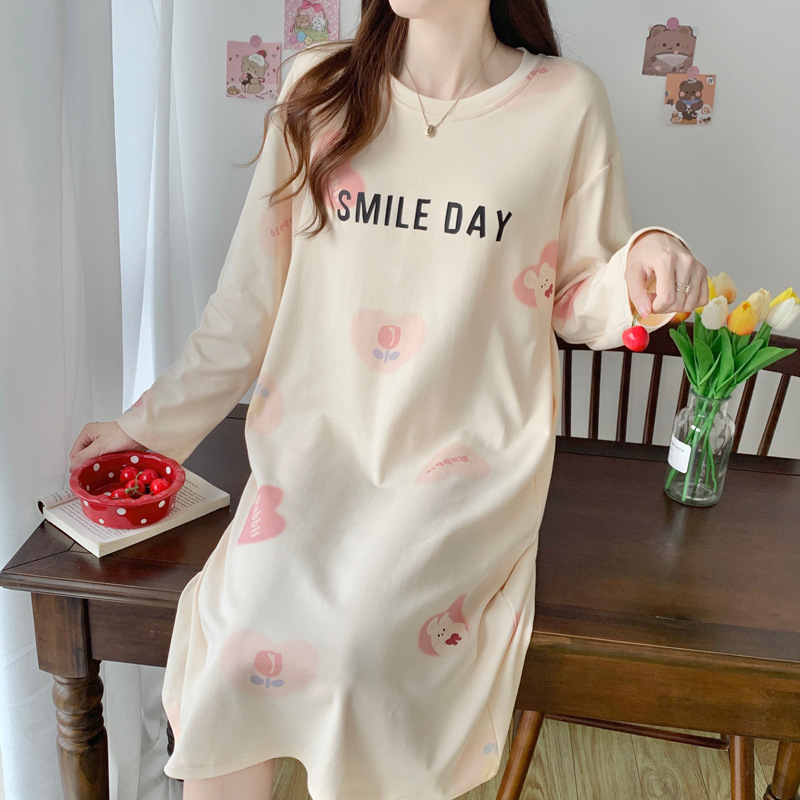 Long-Sleeved Nightgown Women's Autumn and Winter Cute Autumn Long Mid-Length dress Cotton New Home Clothes for Pregnant Women