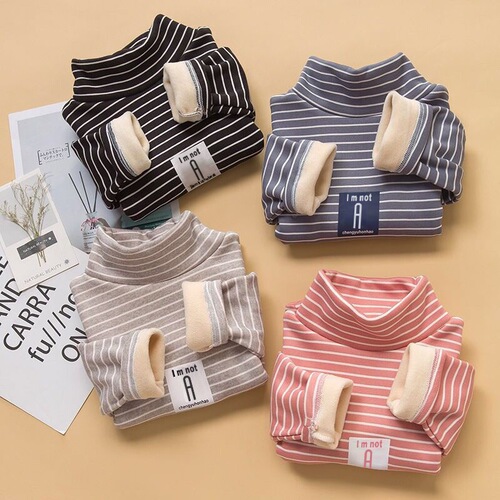 Children's fleece-lined thickened half-collar mid-size children's autumn and winter warm top long-sleeved unisex baby underwear base shirt