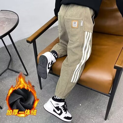 Thickened corduroy lined men's pants for autumn and winter, trendy brand track pants, loose pants with turn-up cuffs, casual pants, fashionable pants.