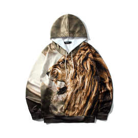 美式3D帽衣男式卫衣新款棒球服运动套头狮子狮头印花男装外套个性