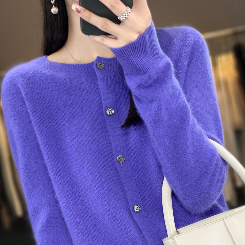 秋装新商品100% 純ウールカーディガン女性セーターコート一線成衣ゆるい長袖ニット上着薄い|undefined