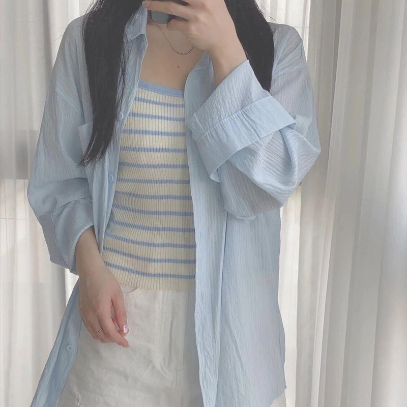 블루 쉬폰 셔츠 여성의 느슨한 이른 봄 카디건 새로운 외부 착용 선 스크린 얇은 코트 디자인 감각 긴 소매 탑