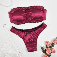 性感抹胸式文胸家居服套装缎面无钢圈插片内衣套装跨境文胸套装