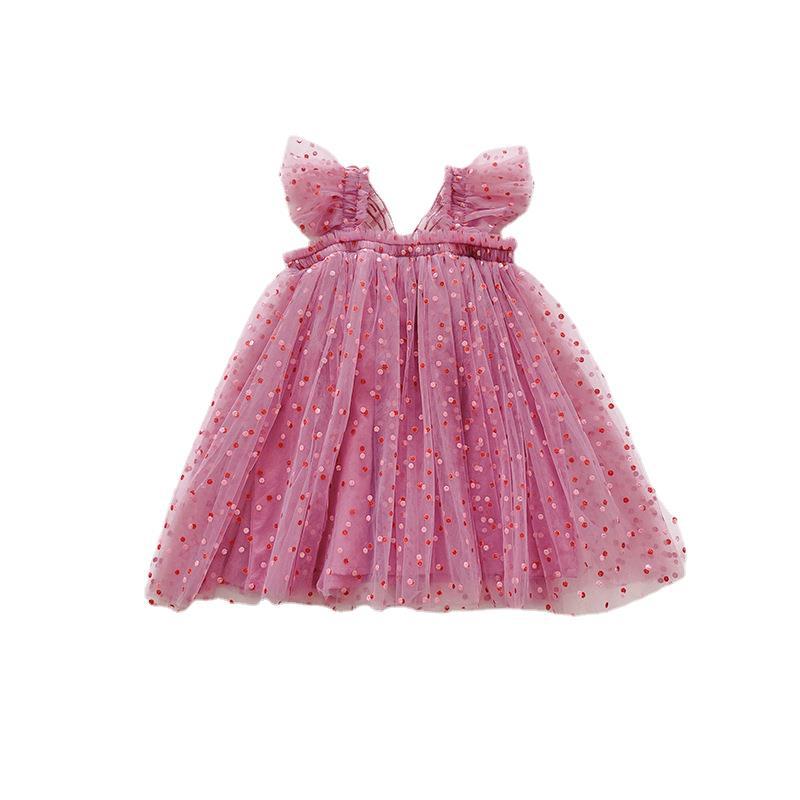 Estilo coreano manga voladora alas tridimensionales vestido de niña 2024 verano polka dot bebé niña vestido de malla mullido vestido de princesa