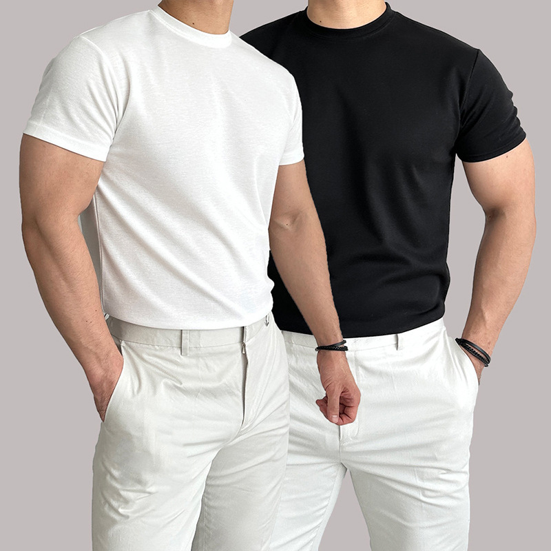 Sports Fitness Drawstring Short-Sleeved Men's Training High-Elastic Sweat-Absorbent Cotton Breathable Quick-Drying Large Round Neck Solid Color Versatile T-Shirt