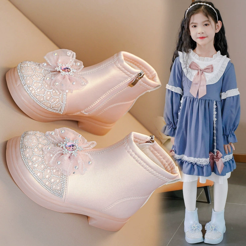 Детские короткие сапоги 2025 года, осенне-зимние, новые, в корейском стиле, с кристаллами, для девочек постарше, девочек и малышей, на флисовой подкладке.