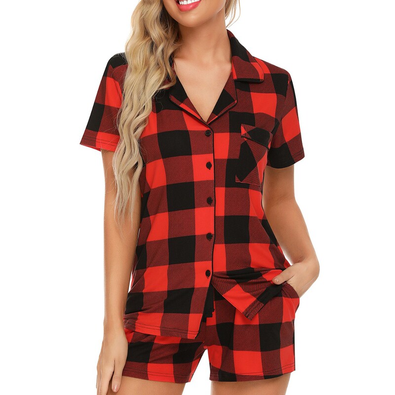 Temu Cross-Border Pajamas Christmas Style Summer Lapel Short-Sleeved Shorts Two-Piece Suit Modal Home Wear for Women