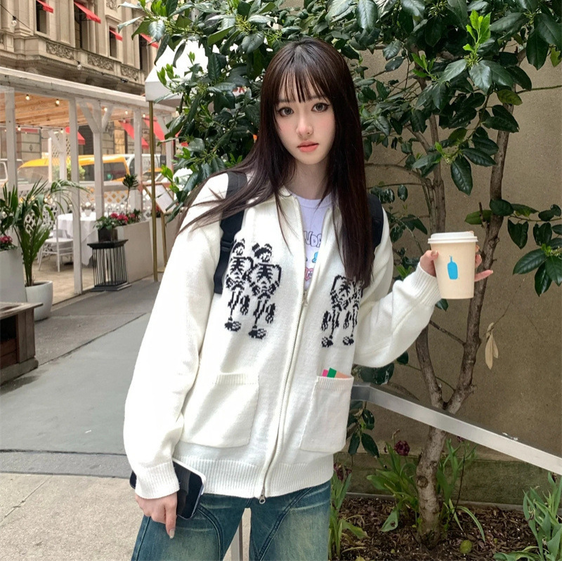 Jiang Haolin and Choi Soobin's Same Style Korean Niche Ngc Skull Zipper Knitted Cardigan Polo Collar Sweater Jacket for Women
