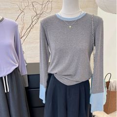 撞色拼接设计感小众内搭打底衫女春秋季韩版修身显瘦圆领长袖T恤
