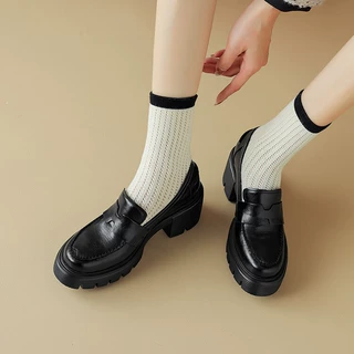舒服小个子增高7cm~牛皮乐福鞋女高跟厚底四季单鞋英伦风小皮鞋