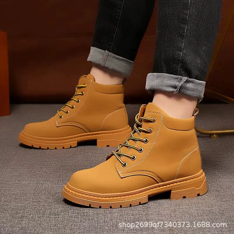 Ботинки (Martens) мужские износостойкие для досуга, коричневые без меха или жёлтые с флисом, 38–45