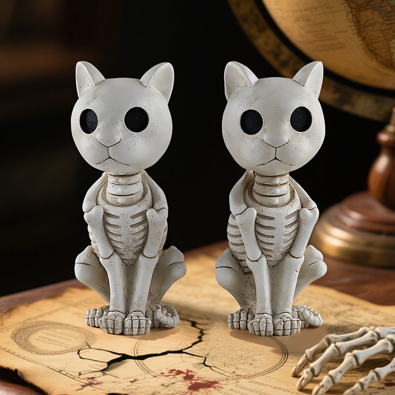  New Personality Skull Skeleton Cat Resin Ornaments Halloween Desktop Horror Atmosphere Decoration Ornaments