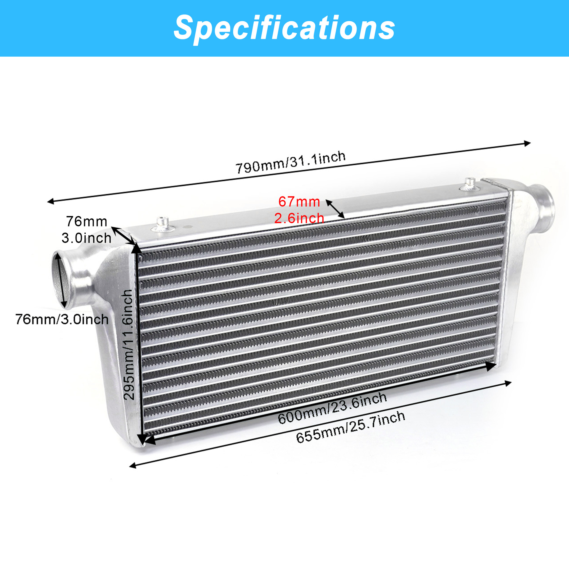 600X295X67Mm Universal Turbo Modified Intake Cooler Car Aluminum Tube Intercooler Radiator