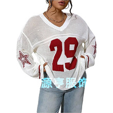 2025跨境欧美新款时尚休闲街头潮流数字印花V领长袖针织毛衣女