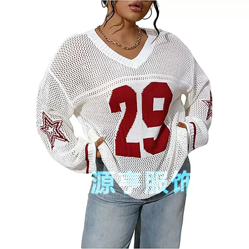 2025跨境欧美新款时尚休闲街头潮流数字印花V领长袖针织毛衣