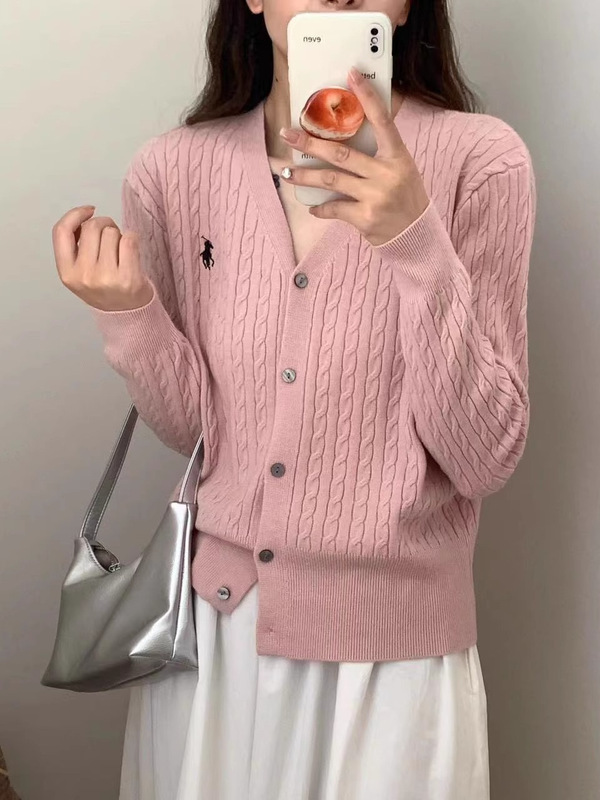 Three-Strand Yarn Autumn and Winter Pony Logo Embroidered Knitted Sweater Cardigan Women's Slim Twist Jacket with Loose Top