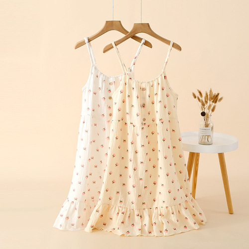 Suspender skirt, cotton crepe nightgown, summer lady's loose, fresh cotton gauze comfortable home skirt, long skirt adjustable