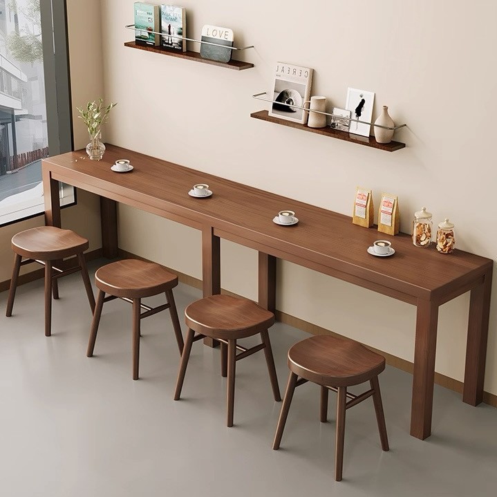 Manufacturer Milk Tea Cafe Wall Narrow Long Table Commercial Snack Barbecue Restaurant Solid Wood Dining Table and Chairs Low Bar Table